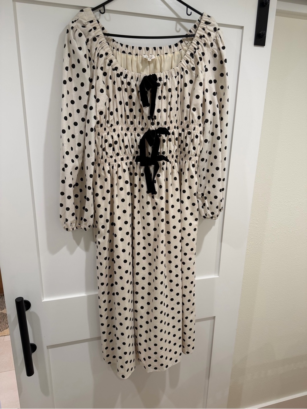 bohme Cream Polka Dot Midi Dress with Black Velvet Ties